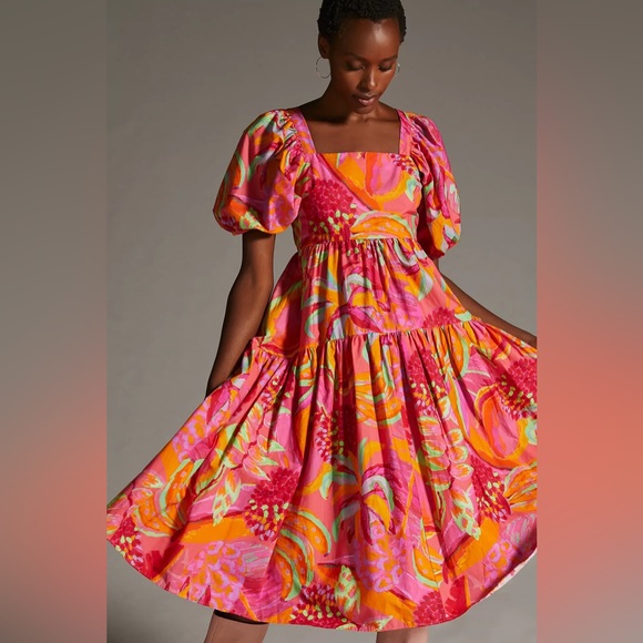 Anthropologie Farm Rio Tropical Puff-Sleeve Midi Dress - Picture 8 of 16